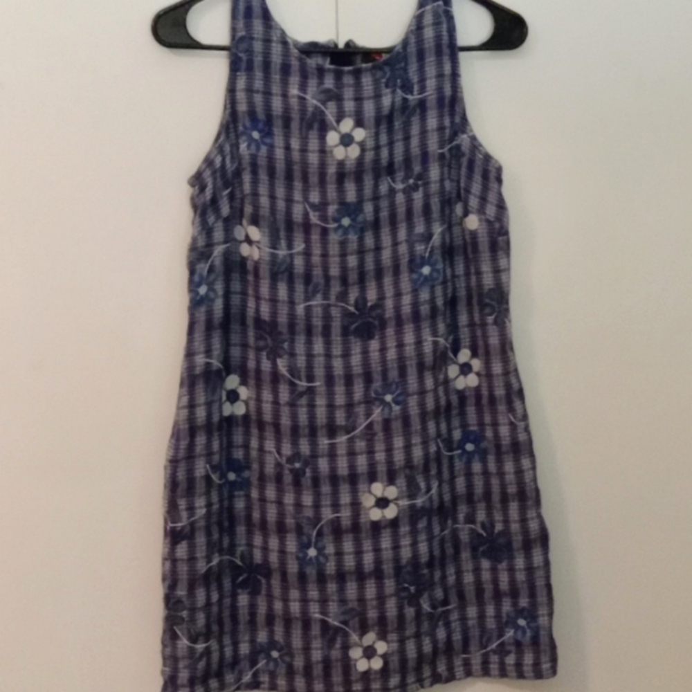 Vintage 90s 2000s mini dress with navy blue plaid pattern and flower print